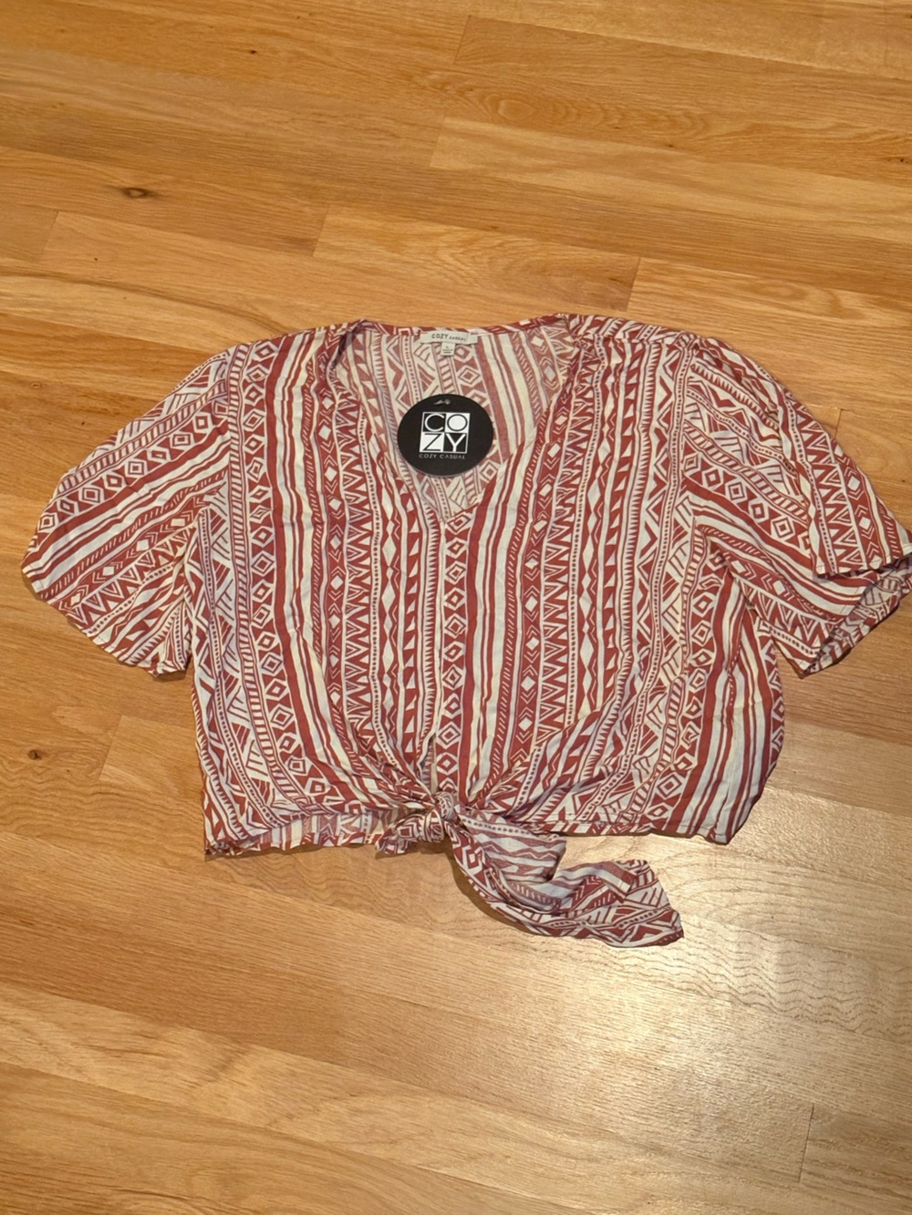 Cozy Casual Red & White Tie-Front Geometric Print Blouse